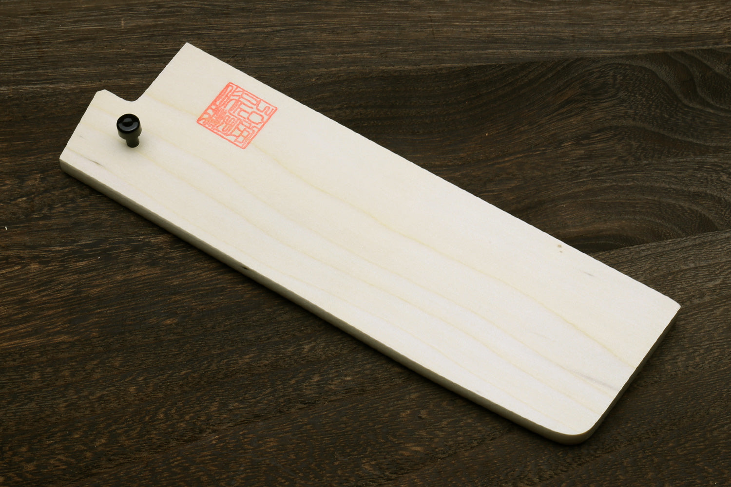 Magnolia wood saya cover with red stamp and two blue end knobs