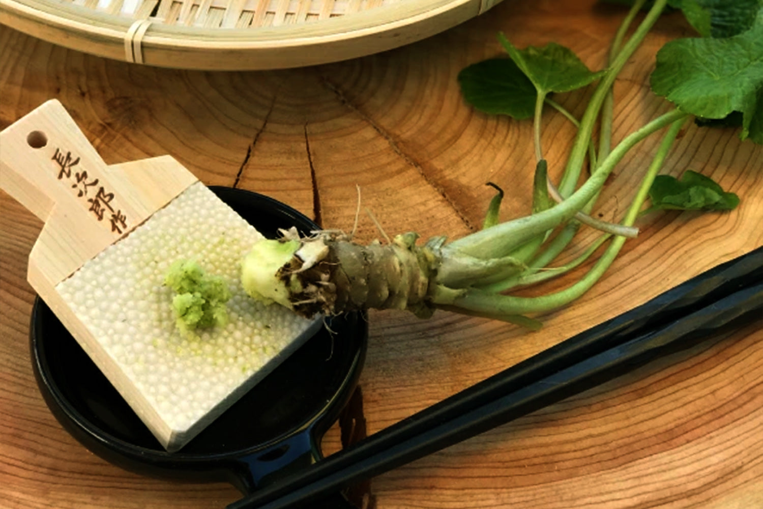 Japanese sharkskin grater board with ginger root and wasabi paste