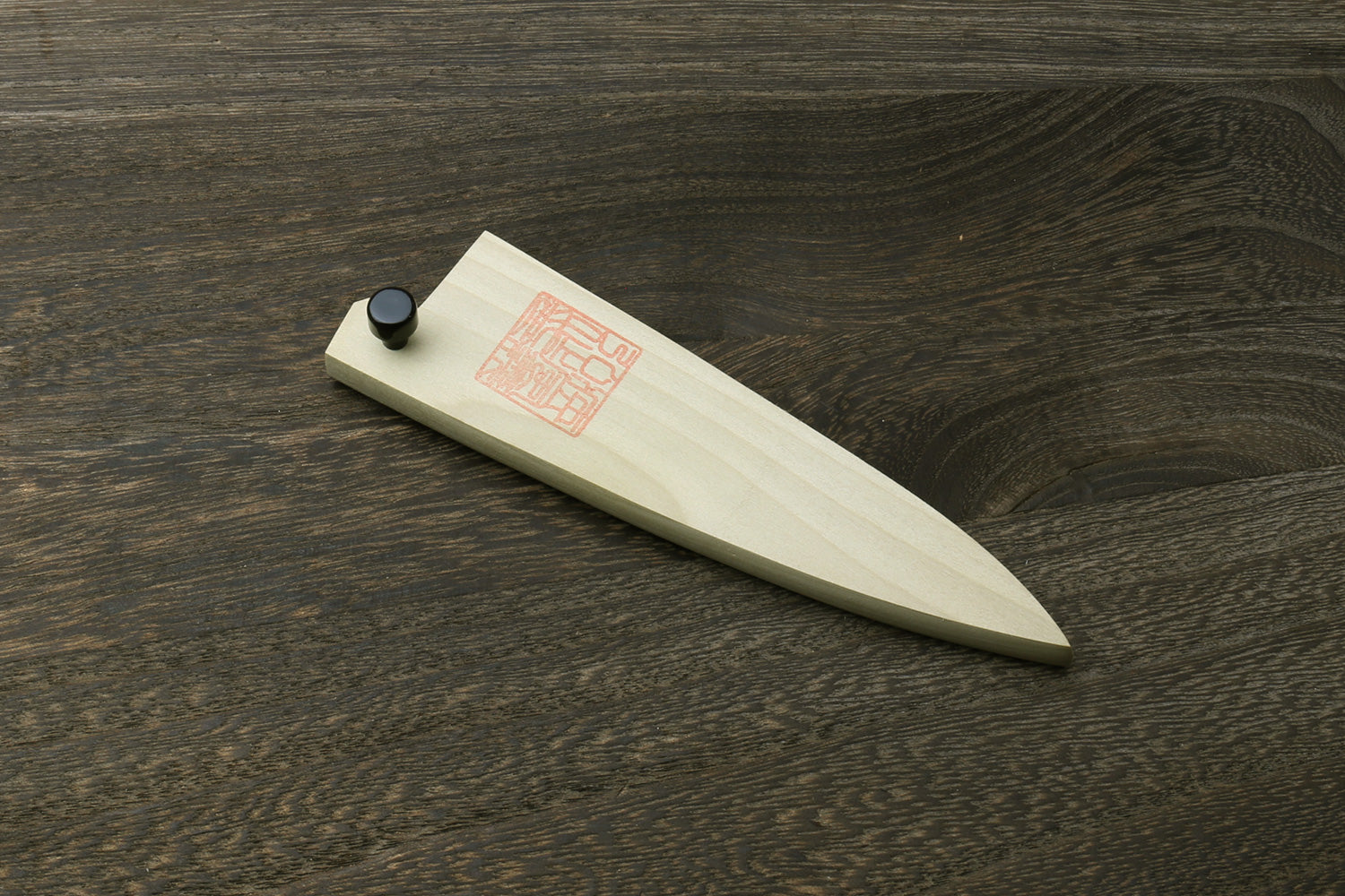 Paring knife blade protector saya cover, light wood with red seal and dark cap