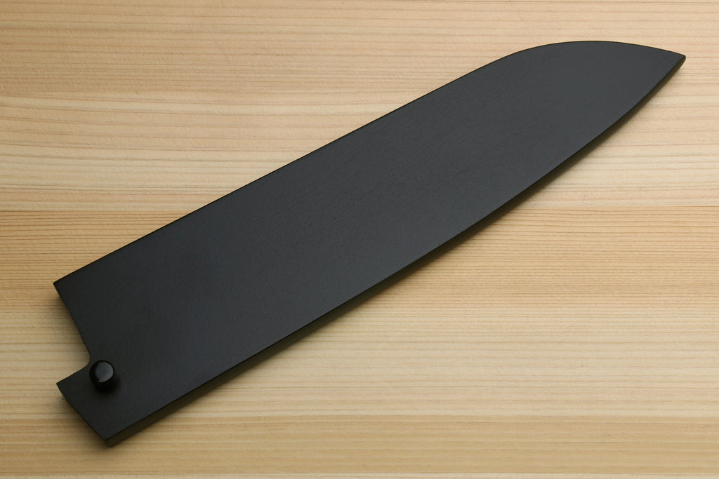 Dark lacquered wooden santoku blade cover with rounded tip and small side knob