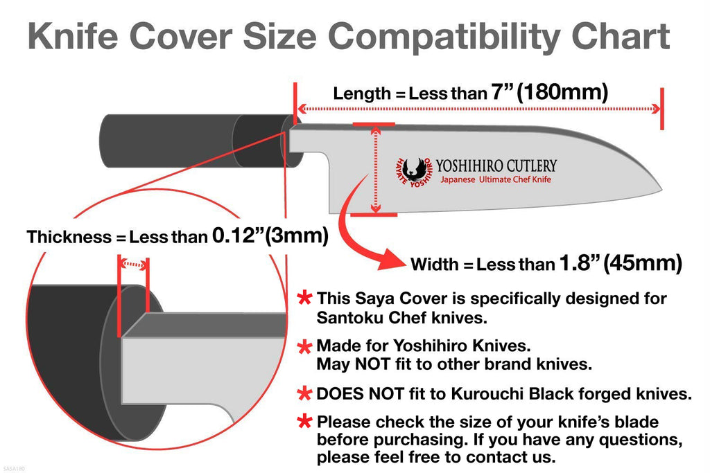 Knife cover size compatibility chart with length, width, and thickness limits