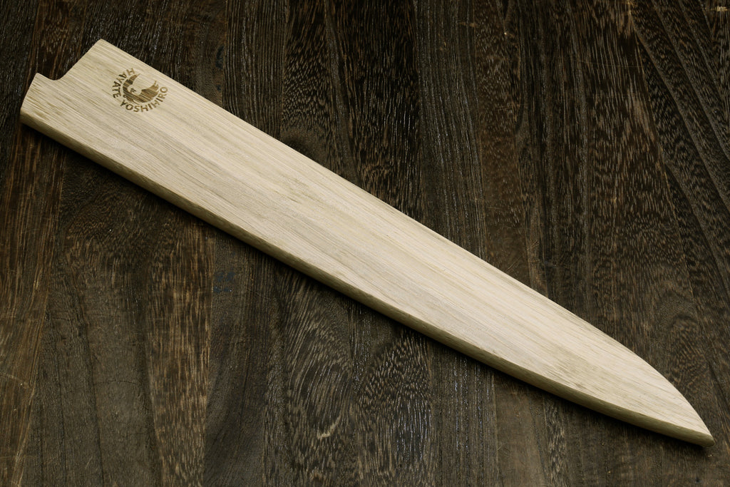 Magnetic oak wood saya blade protector cover, long flat profile, light wood grain