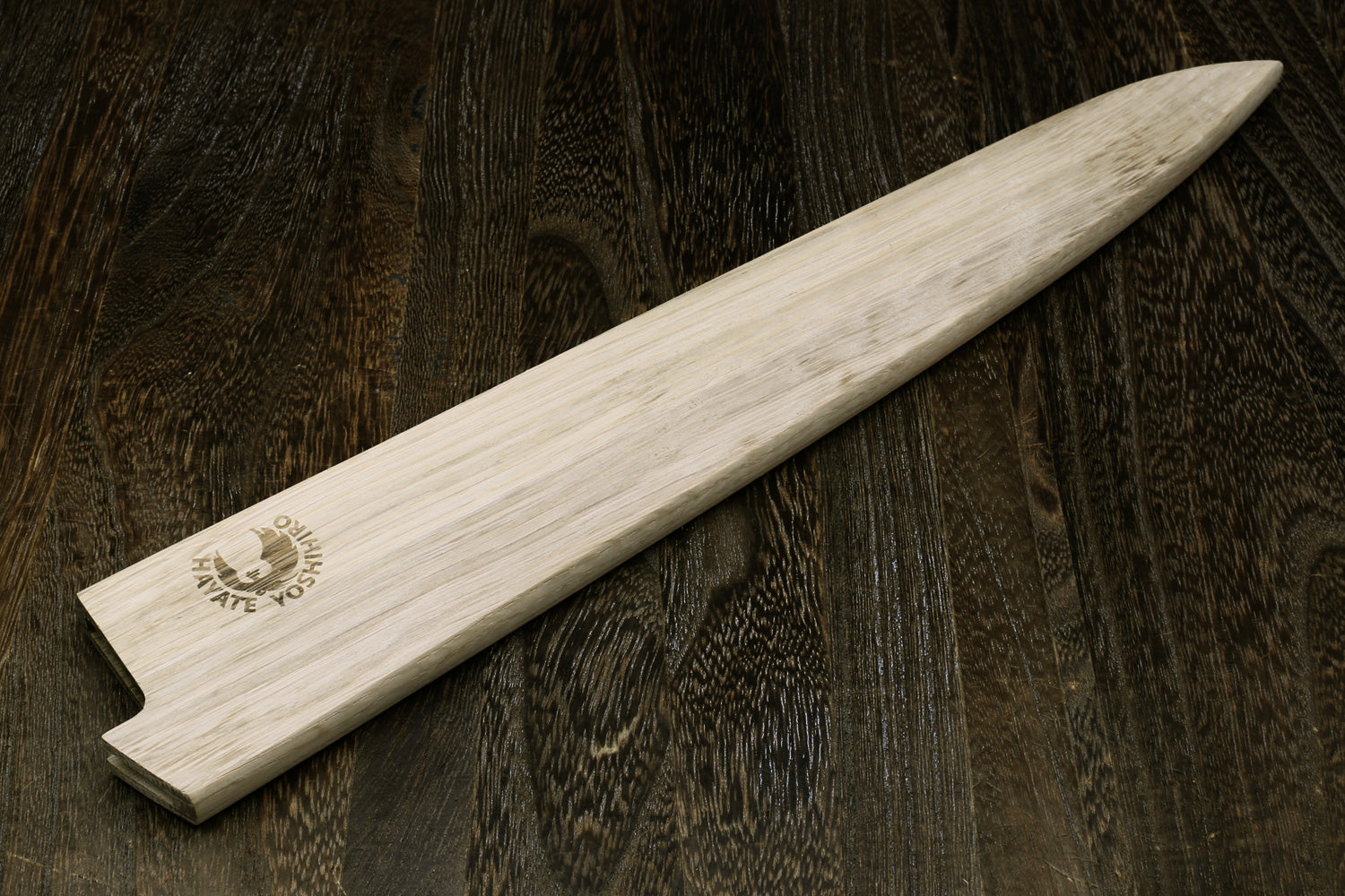 Magnetic oak wood saya blade protector cover, angled view, light wood grain finish