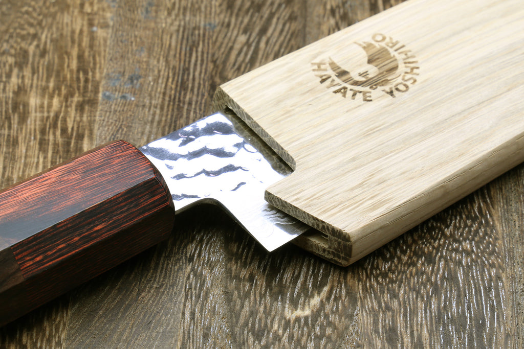 Magnetic oak wood saya blade protector cover with knife blade partly inserted
