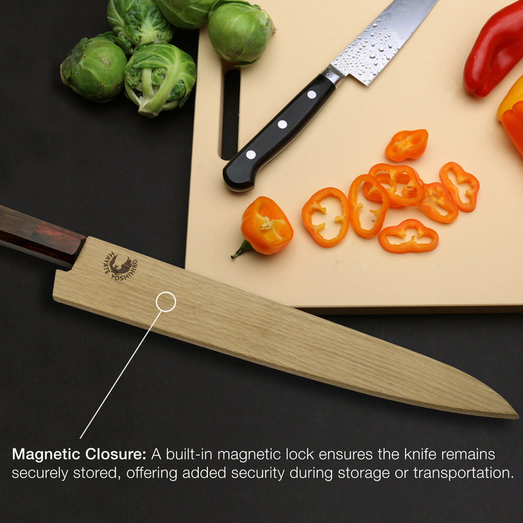 Magnetic oak wood saya blade protector cover with magnetic closure on knife