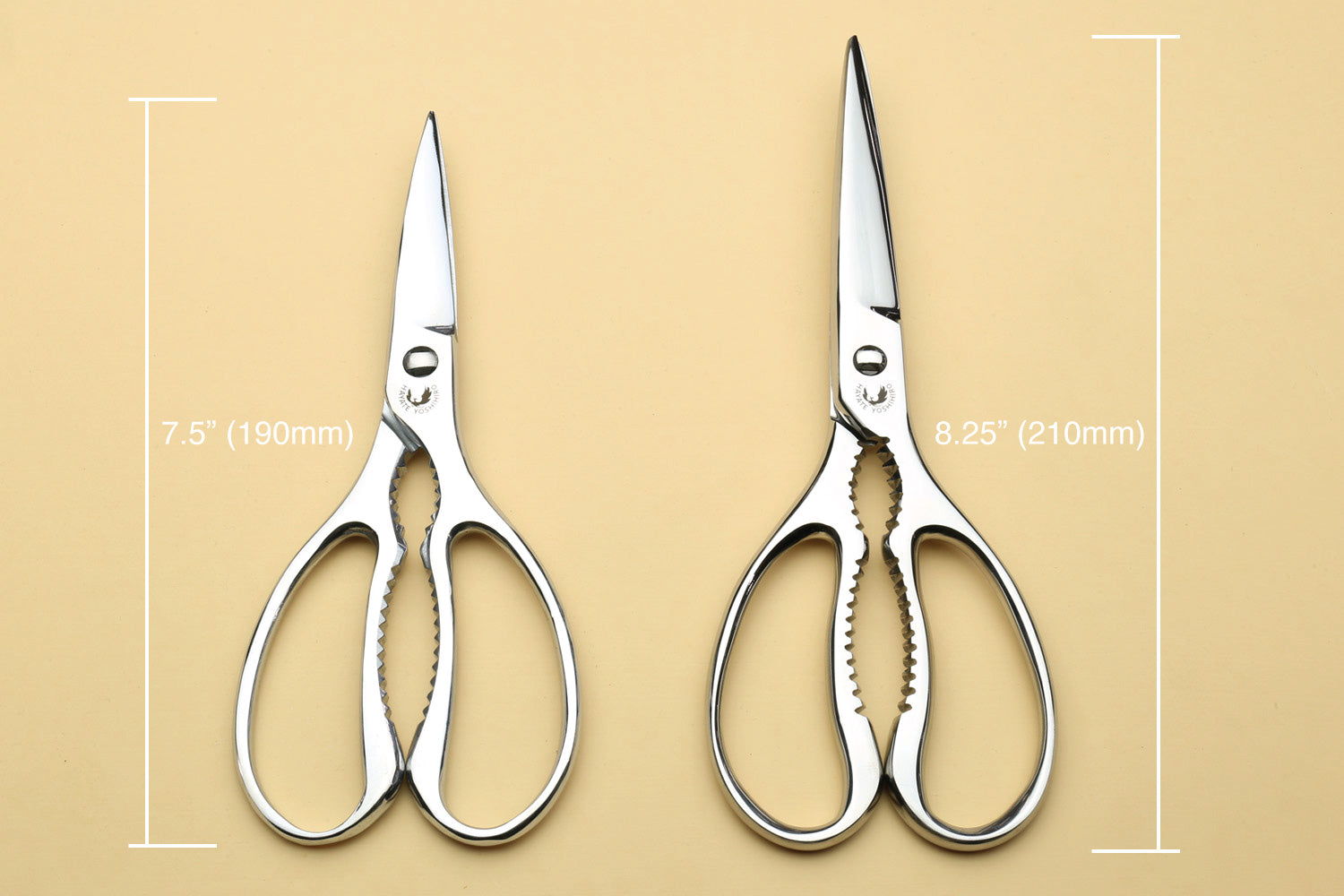 Stainless kitchen scissors size chart: 7.5 in (190mm) and 8.25 in (210mm)