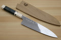 Damascus gyuto chef knife with ocean blue handle, ivory bolster, and patterned steel blade