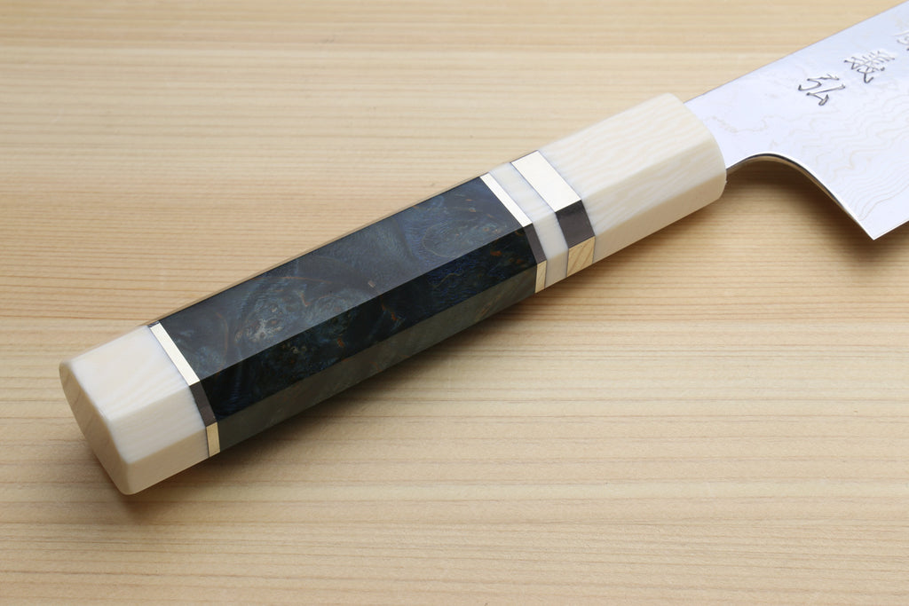 Damascus gyuto chef knife with ocean blue handle, ivory bolster, and curved edge
