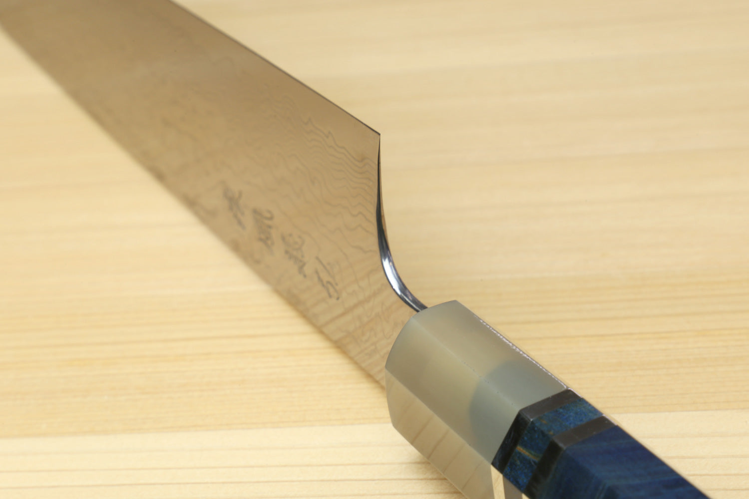Utility-Kiritsuke chef knife bolster and ocean-blue handle with damascus blade
