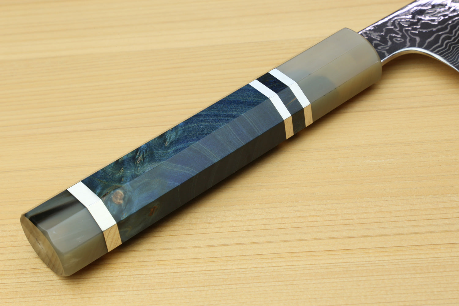 Utility-Kiritsuke chef knife handle end, ocean-blue panels with silver accents