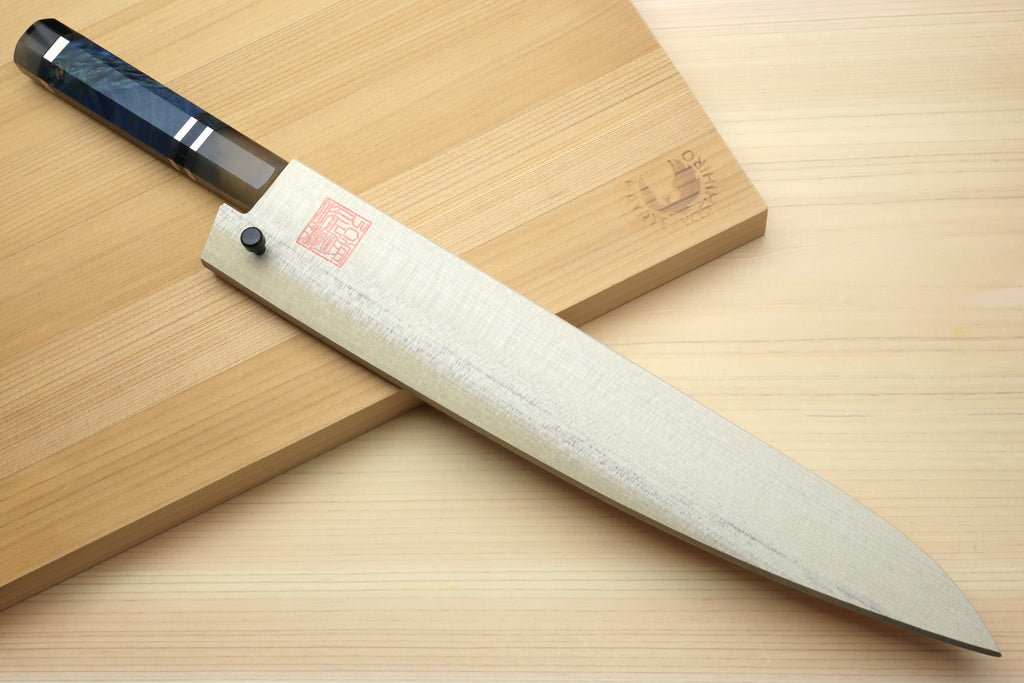 Utility-Kiritsuke chef knife with damascus blade and ocean-blue handle in wood box