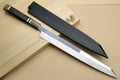 Yanagi kiritsuke knife with mirror blade, black saya, and dark ebony handle