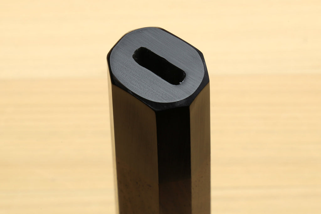 Chef knife handle end cap with ebony bolster and oval grip opening