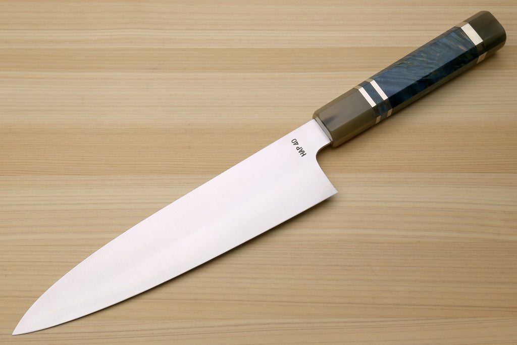 Gyuto chef knife with ocean blue-pattern handle and stainless blade