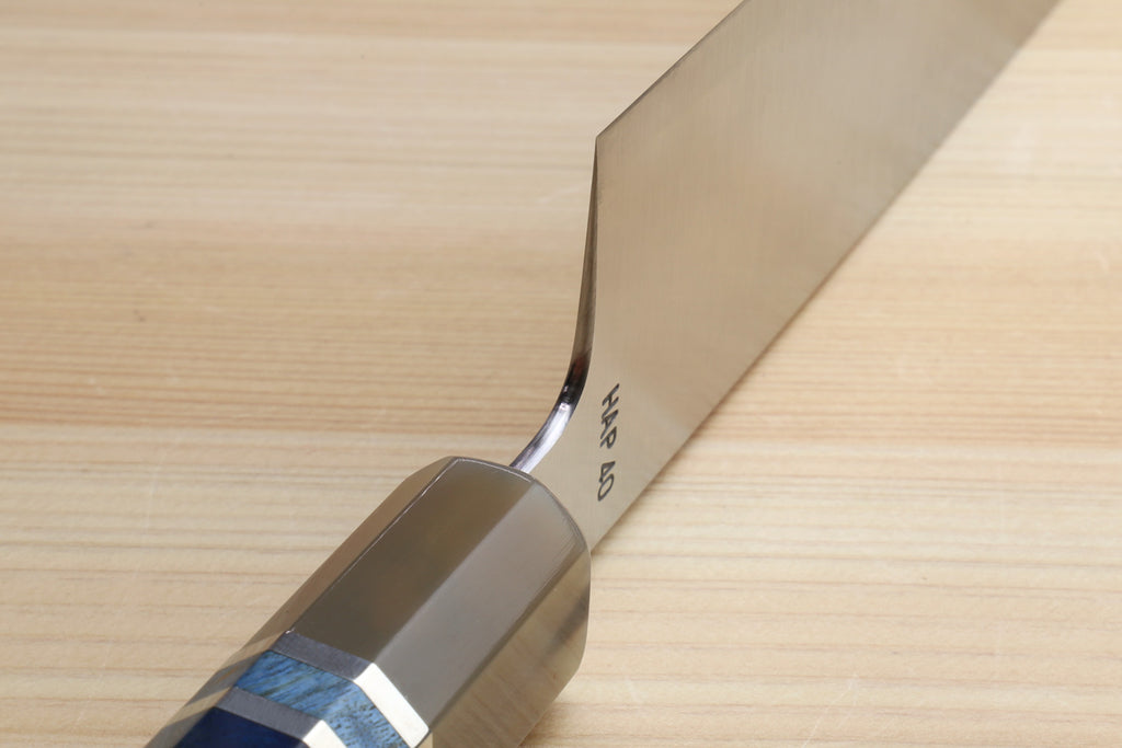 Gyuto chef knife with ocean blue-pattern handle and stainless steel bolster