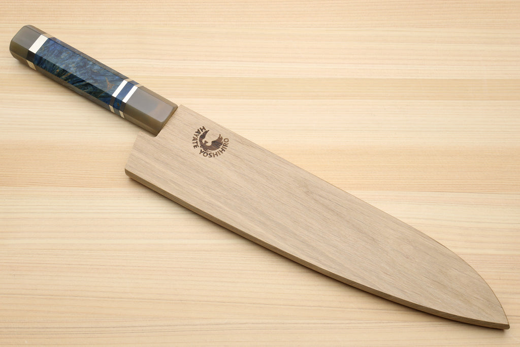 Gyuto chef knife with ocean blue-pattern handle; wooden sheath with logo