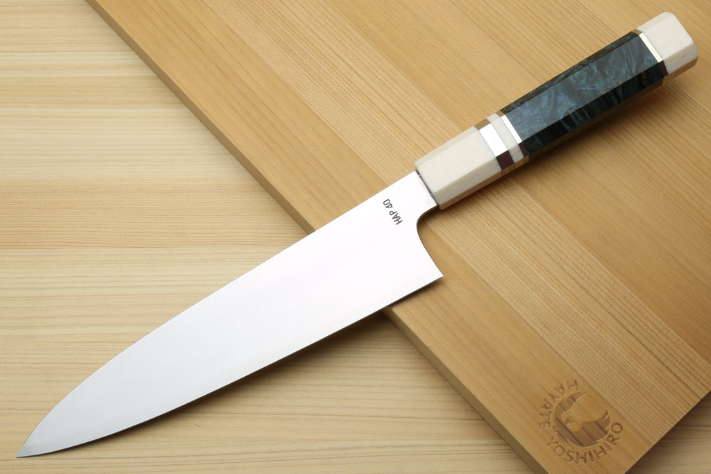 Gyuto chef knife with ocean blue handle and ivory bolster, stainless steel blade