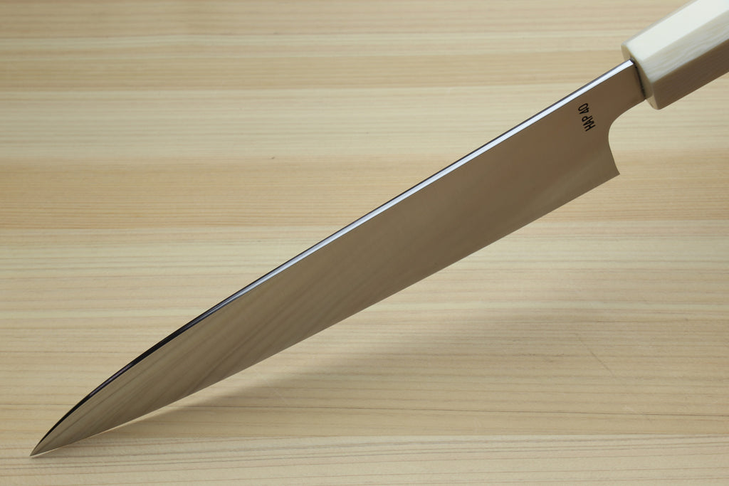 Gyuto chef knife side profile, ivory and ocean blue handle with stainless steel blade