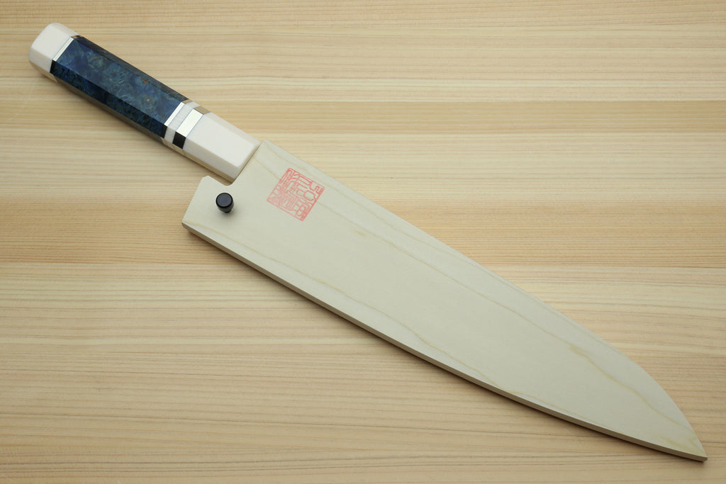 Gyuto chef knife with ocean blue handle and ivory bolster, stainless steel blade