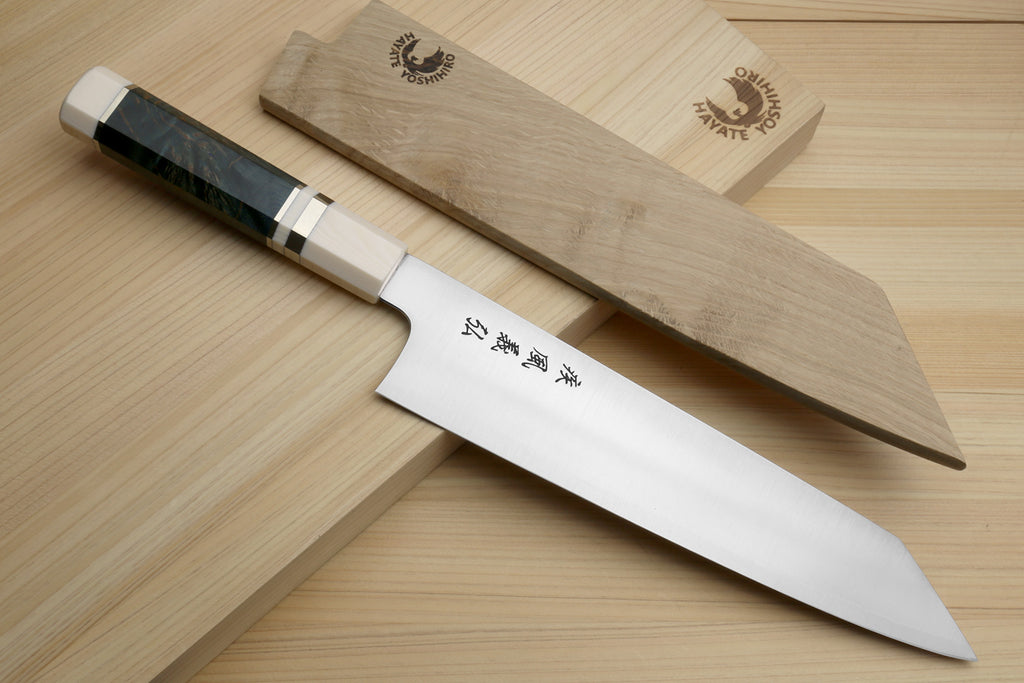 Pair of Kiritsuke chef's knives with ocean blue handles, ivory bolsters, and stainless blades