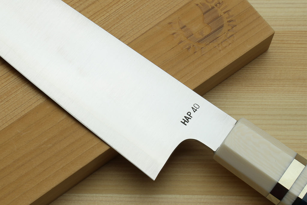 Kiritsuke chef's knife with white bolster and stainless steel blade with HAP40 stamp