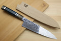 Gyuto chef knife with damascus blade, ocean blue handle, and matching wooden sheath