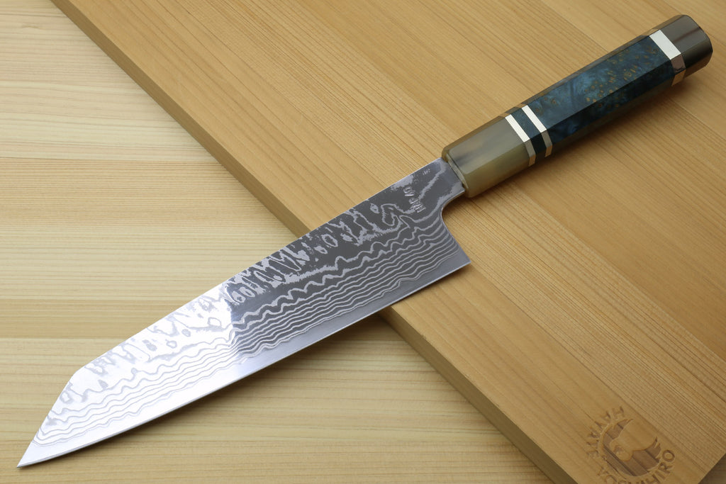 Damascus kiritsuke multipurpose chefs knife with blue striped handle