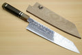 Kiritsuke chef's knife and wooden saya, ebony handle with wavy damascus blade