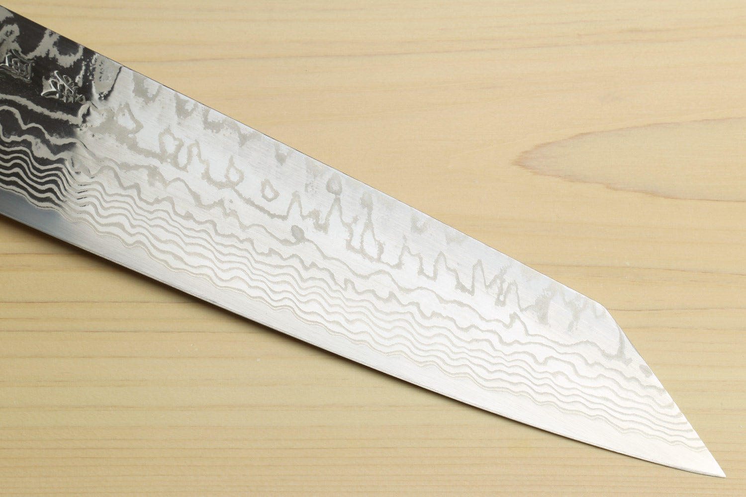 Kiritsuke chef's knife blade, wavy damascus pattern with pointed tip