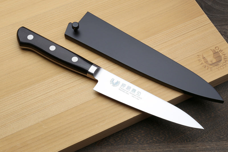 Petty utility prep knife with saya cover and dark handle, polished steel blade