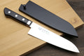 Santoku chef’s knife with matching blade cover (saya) and black handle with white dots
