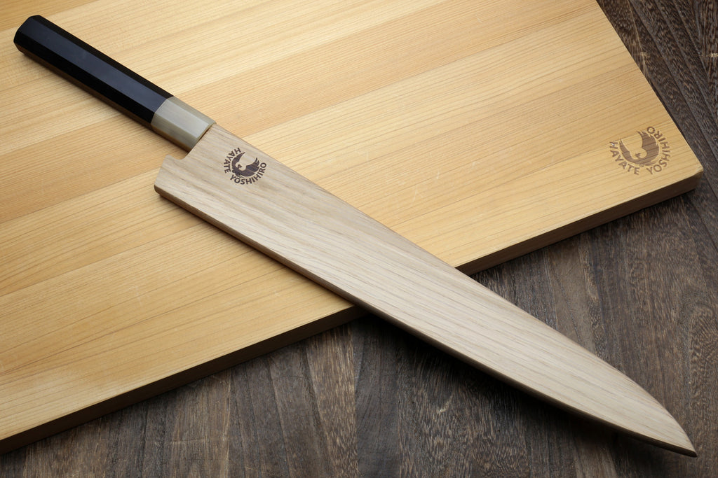 Sujihiki slicer knife with wooden saya cover and black handle