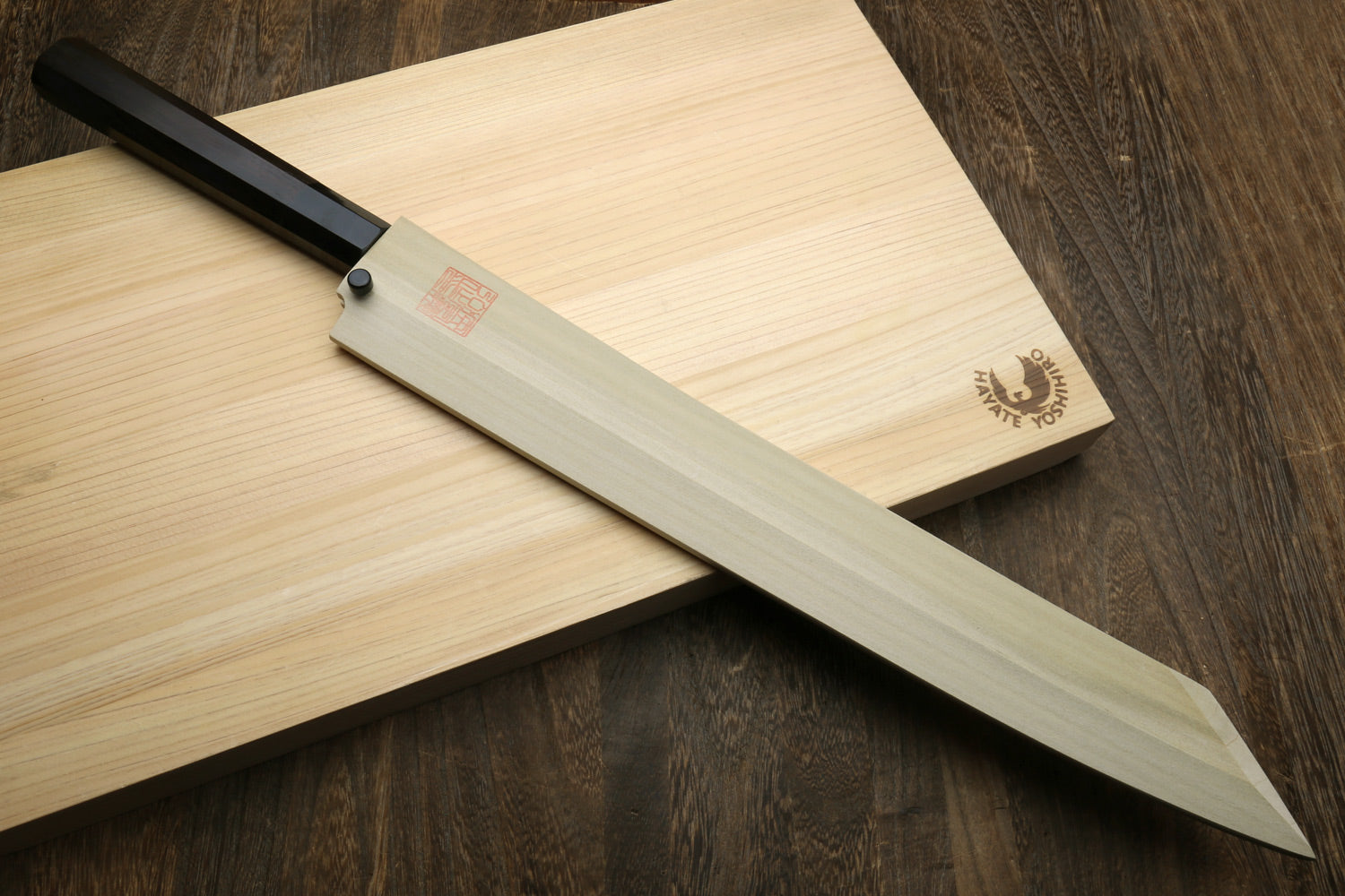 Yanagi kiritsuke sushi knife with ebony handle and blue steel patterned blade