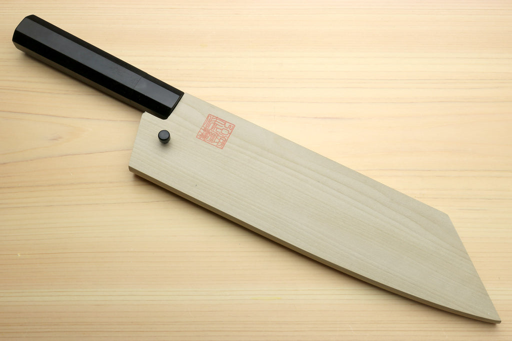 Kiritsuke chef knife with ebony handle and light wood saya cover