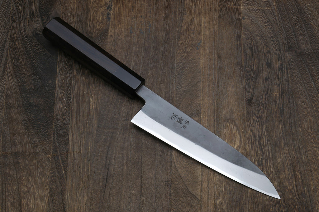 Yoshihiro Kurouchi petty utility knife with dark handle and stainless blade