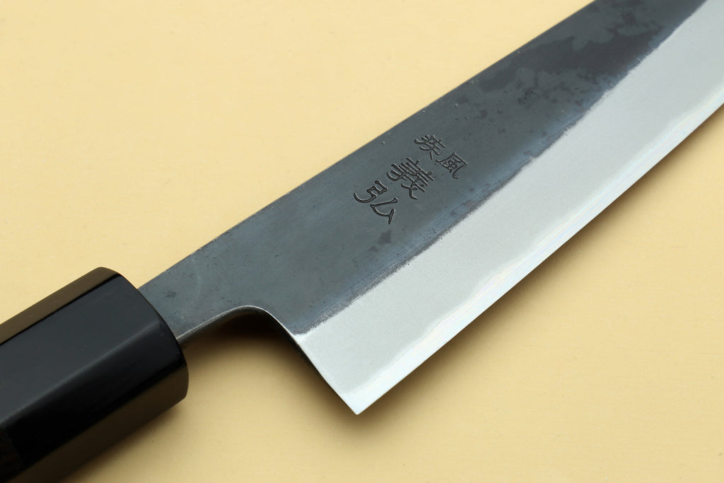 Petty-kiritsuke knife blade with engraved mark and ebony handle, sharp edge
