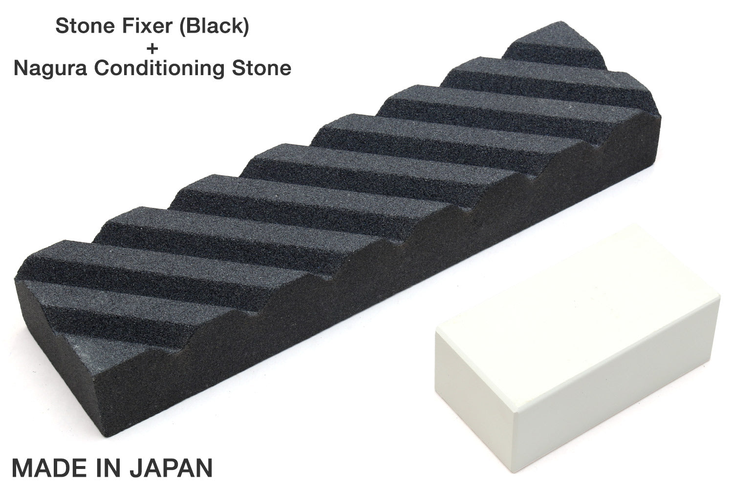 Black sharpening stone fixer with ridged top and a white conditioning stone block