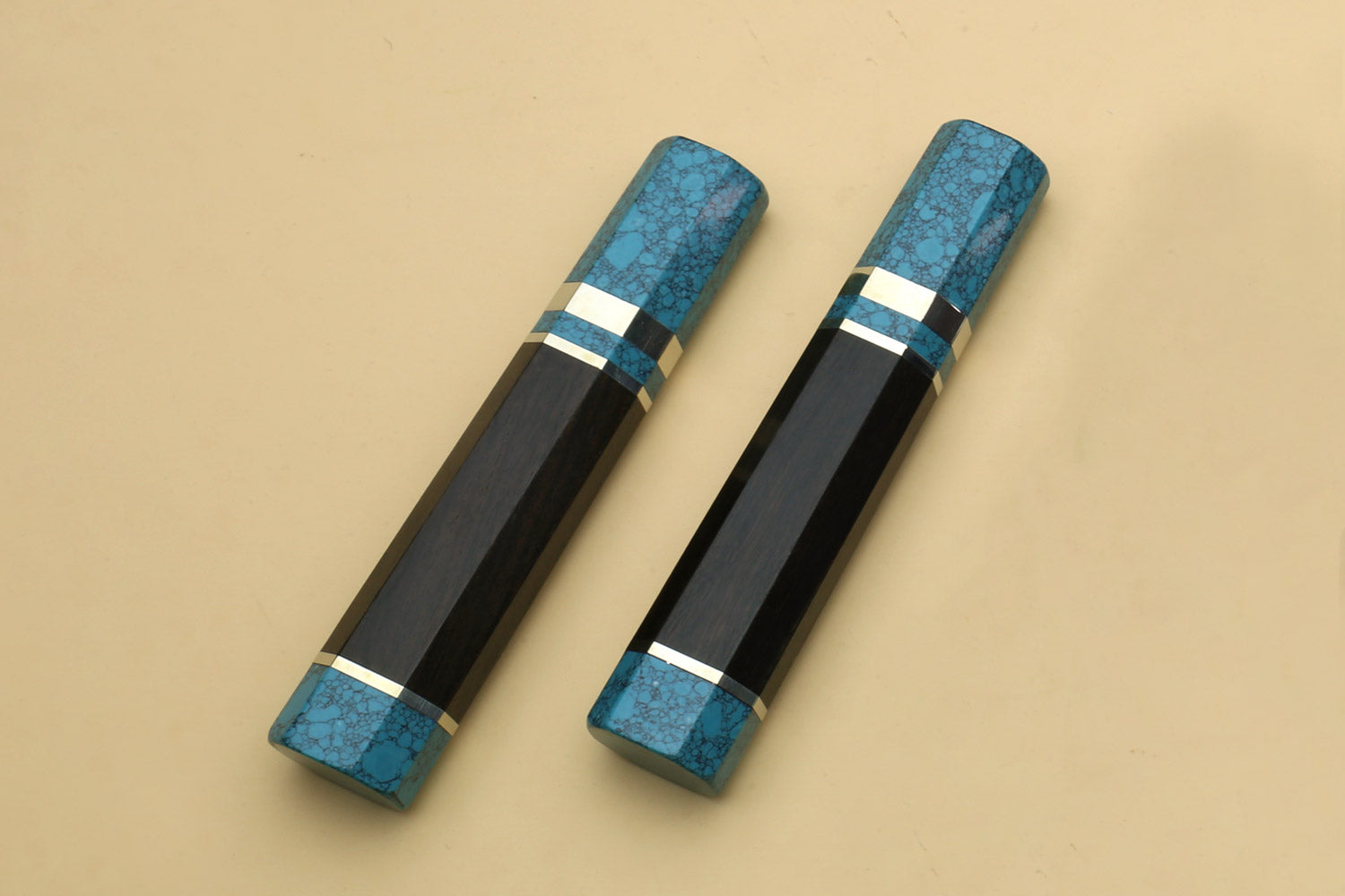 Set of two turquoise blue knife handles with dark wood and white stripe bands