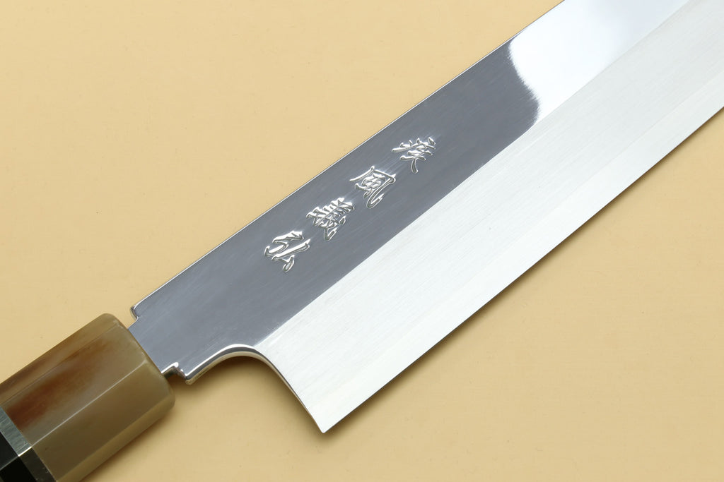 Kiritsuke Japanese knife blade with etched markings and mirror polish, single edge