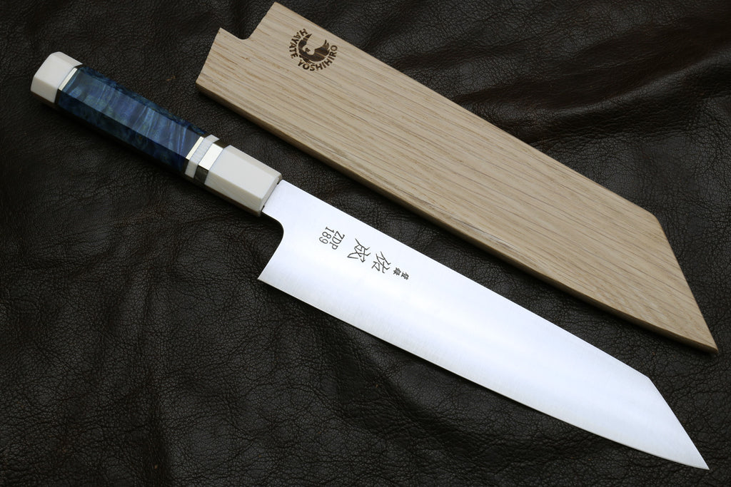 Kiritsuke knife with stainless blade and alternative ivory handle, blue inlay