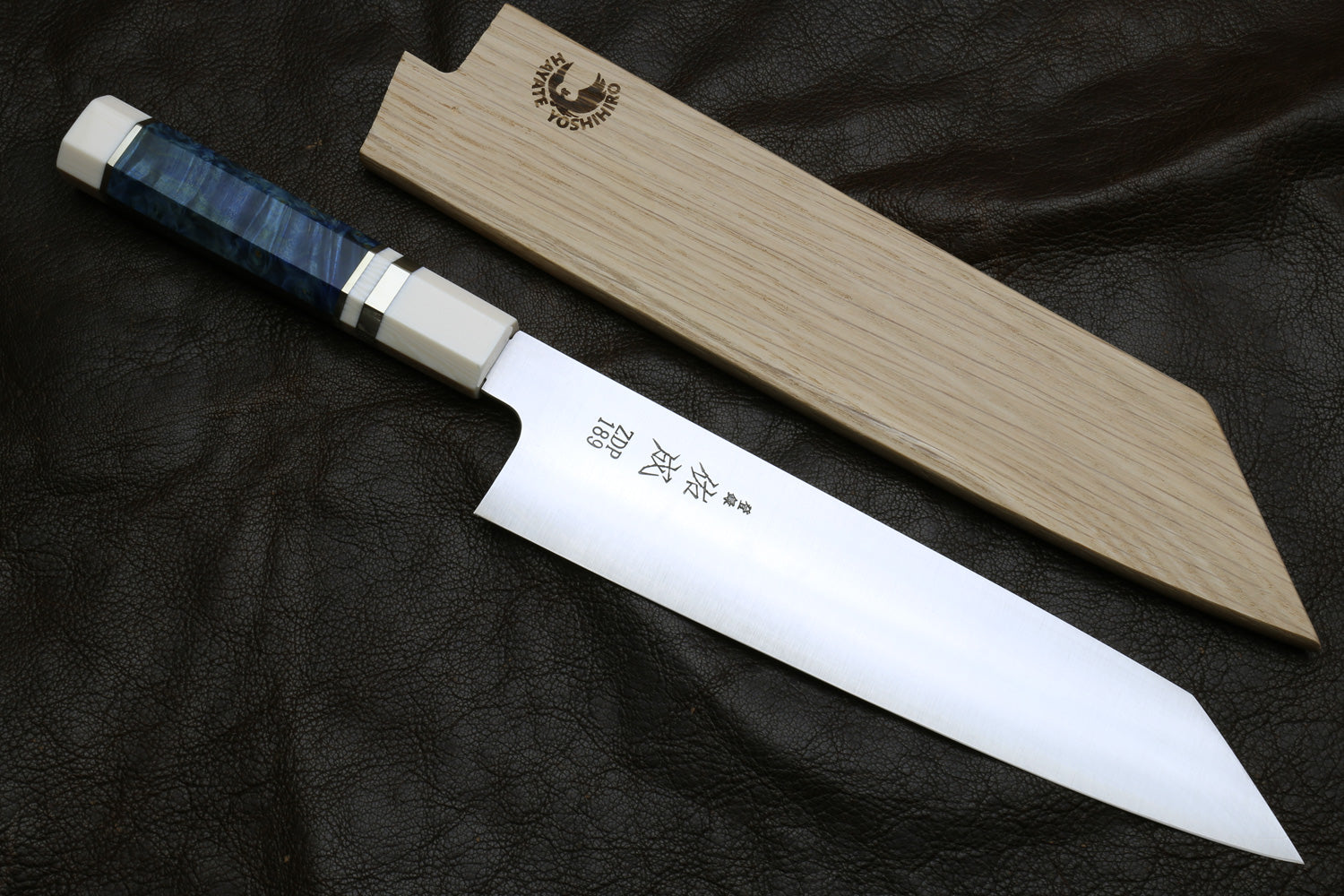 Kiritsuke knife with stainless blade and alternative ivory handle, blue inlay