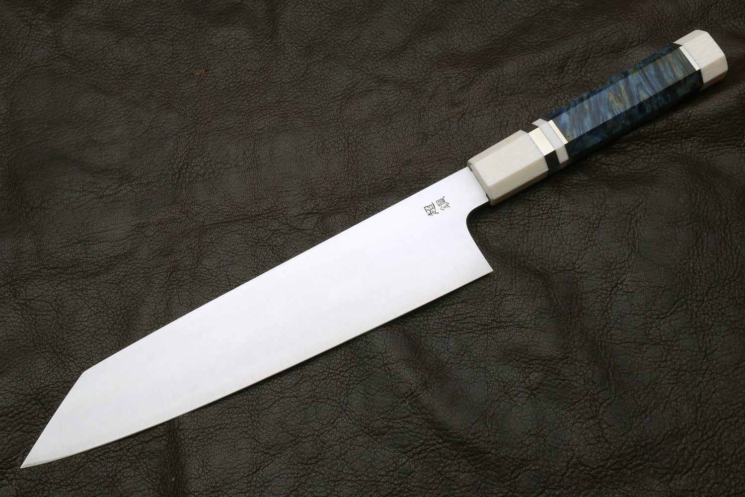 Kiritsuke knife with stainless steel blade and alternative ivory bolster, blue inlay