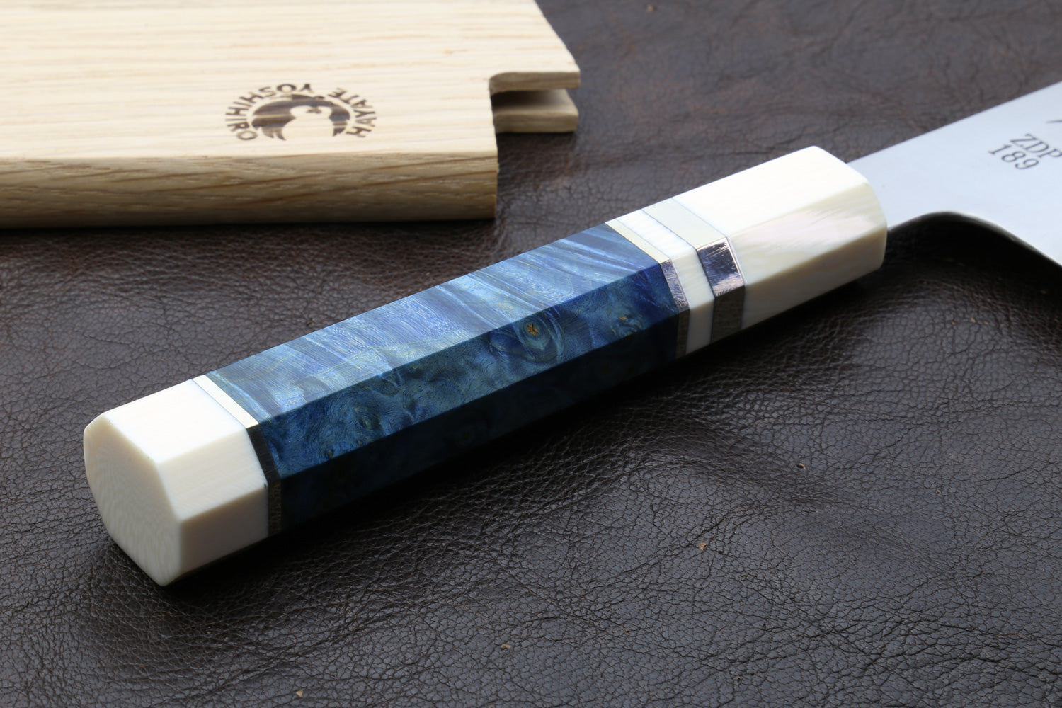 Kiritsuke knife with alternative ivory handle, blue inlay, and stainless blade
