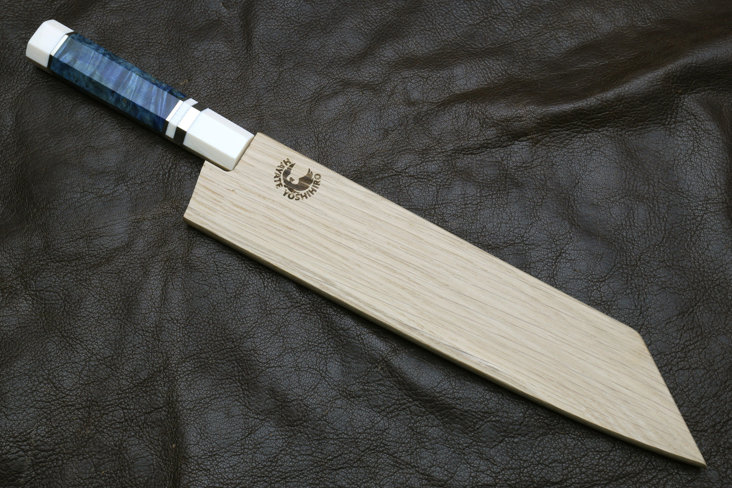 Kiritsuke knife with stainless blade, alternative ivory handle, blue inlay, and wooden sheath