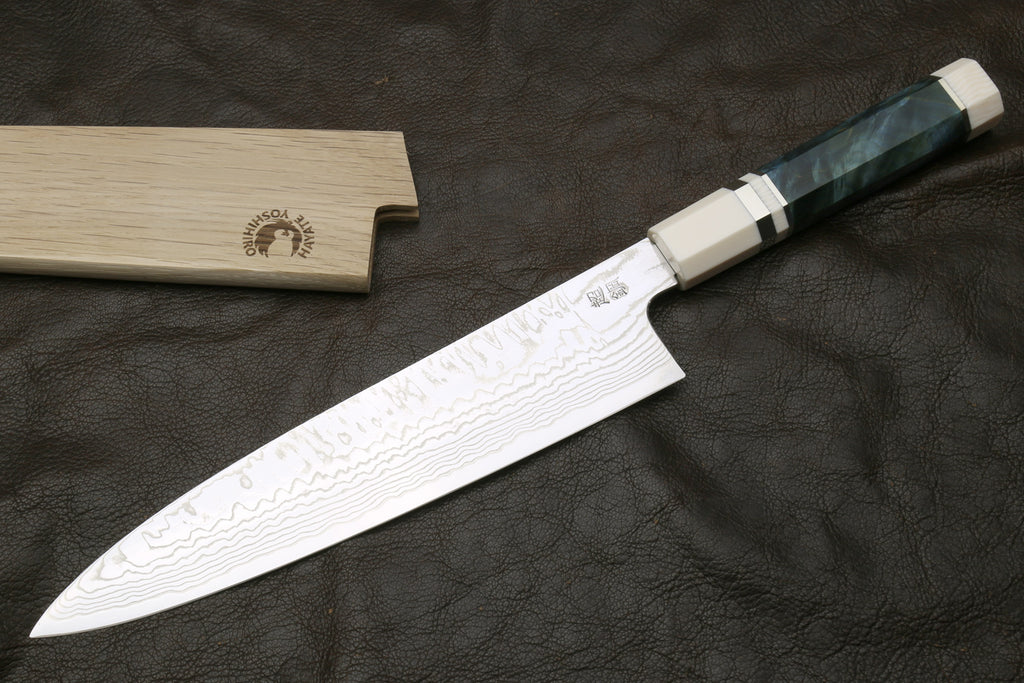 Damascus gyuto chef knife with ivory octagonal handle and teal bolster, full blade