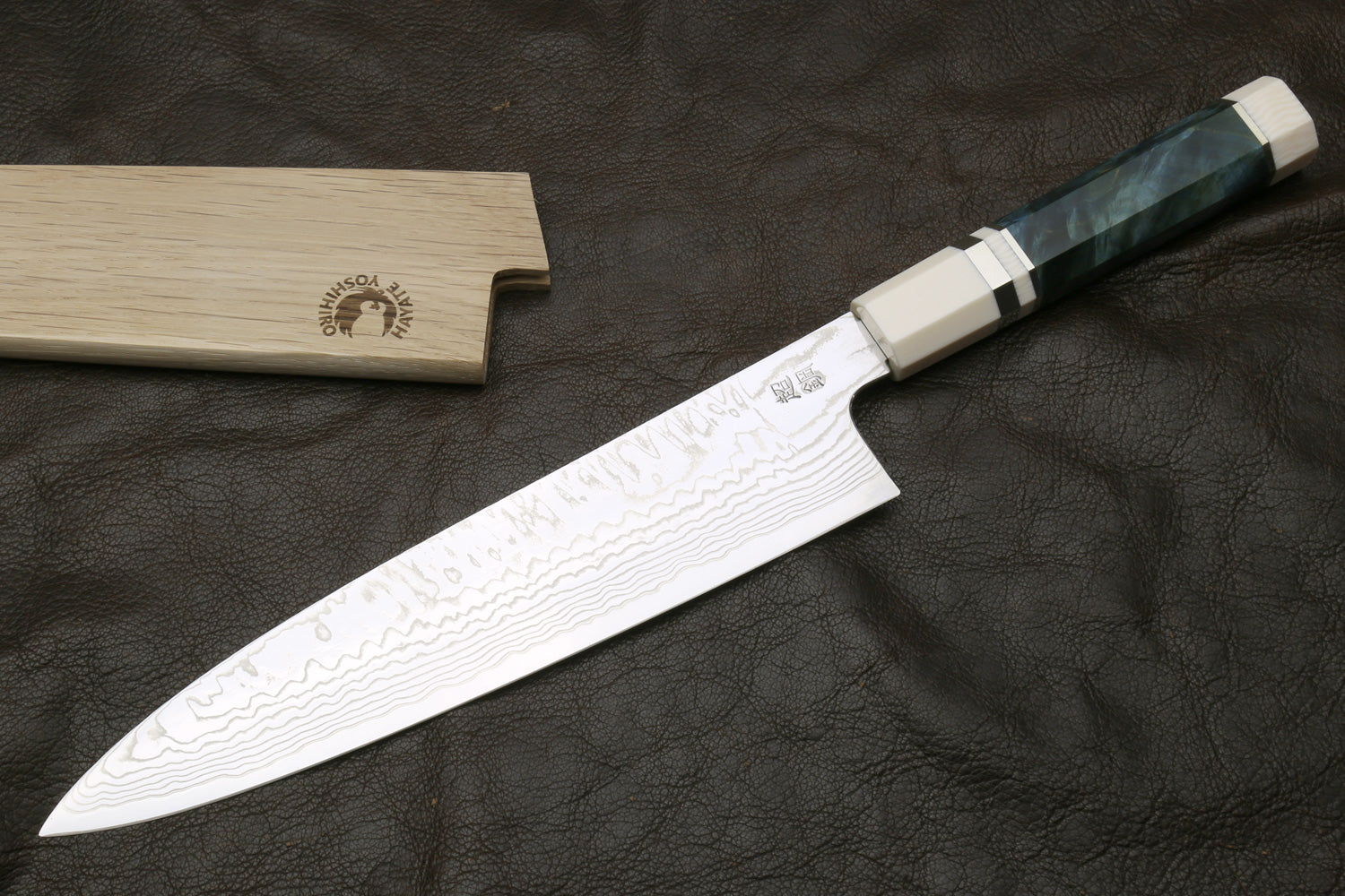 Damascus gyuto chef knife with ivory octagonal handle and teal bolster, full blade