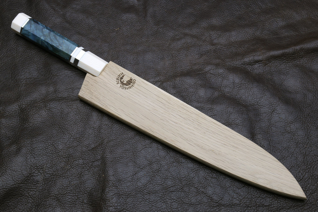 Damascus gyuto chef knife with ivory octagonal handle and teal bolster, blade and spine