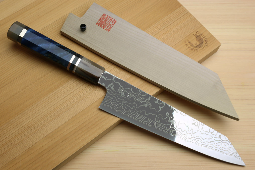 Kiritsuke chef knife with damascus blade and octagonal ocean-blue handle