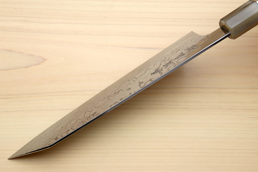 Kiritsuke chef knife with long damascus blade and ocean-blue octagonal handle