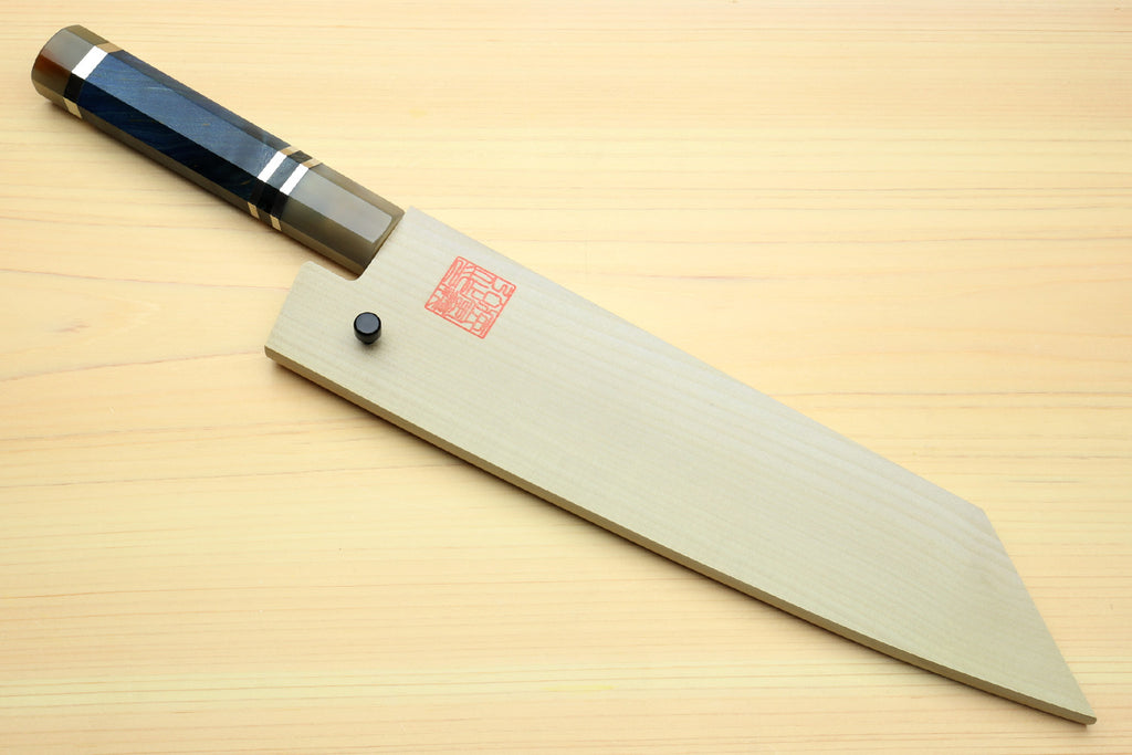Chef knife in light wooden saya with ocean-blue octagonal handle and damascus blade